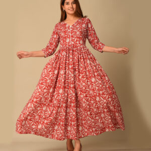 Floral Red Printed Long Gown Dress