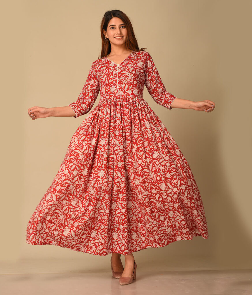 Floral Red Printed Long Gown Dress