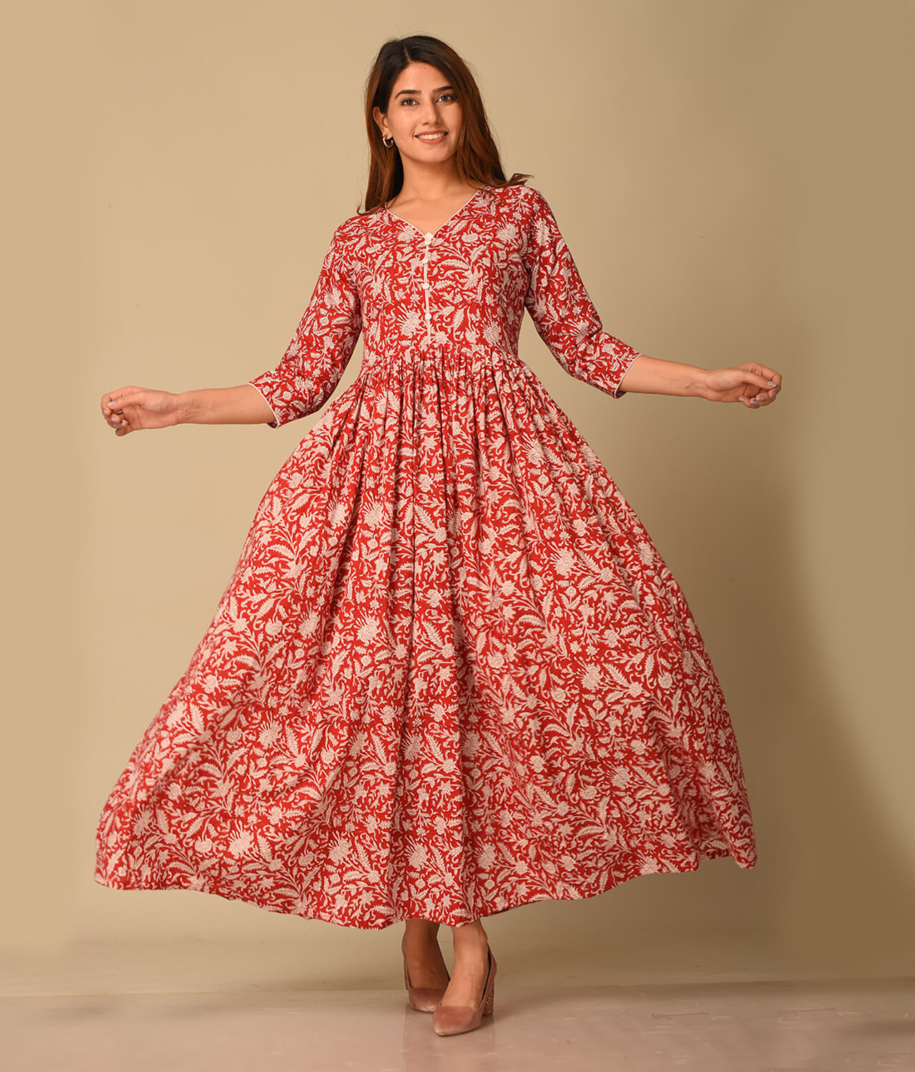 Floral Red Printed Long Gown Dress