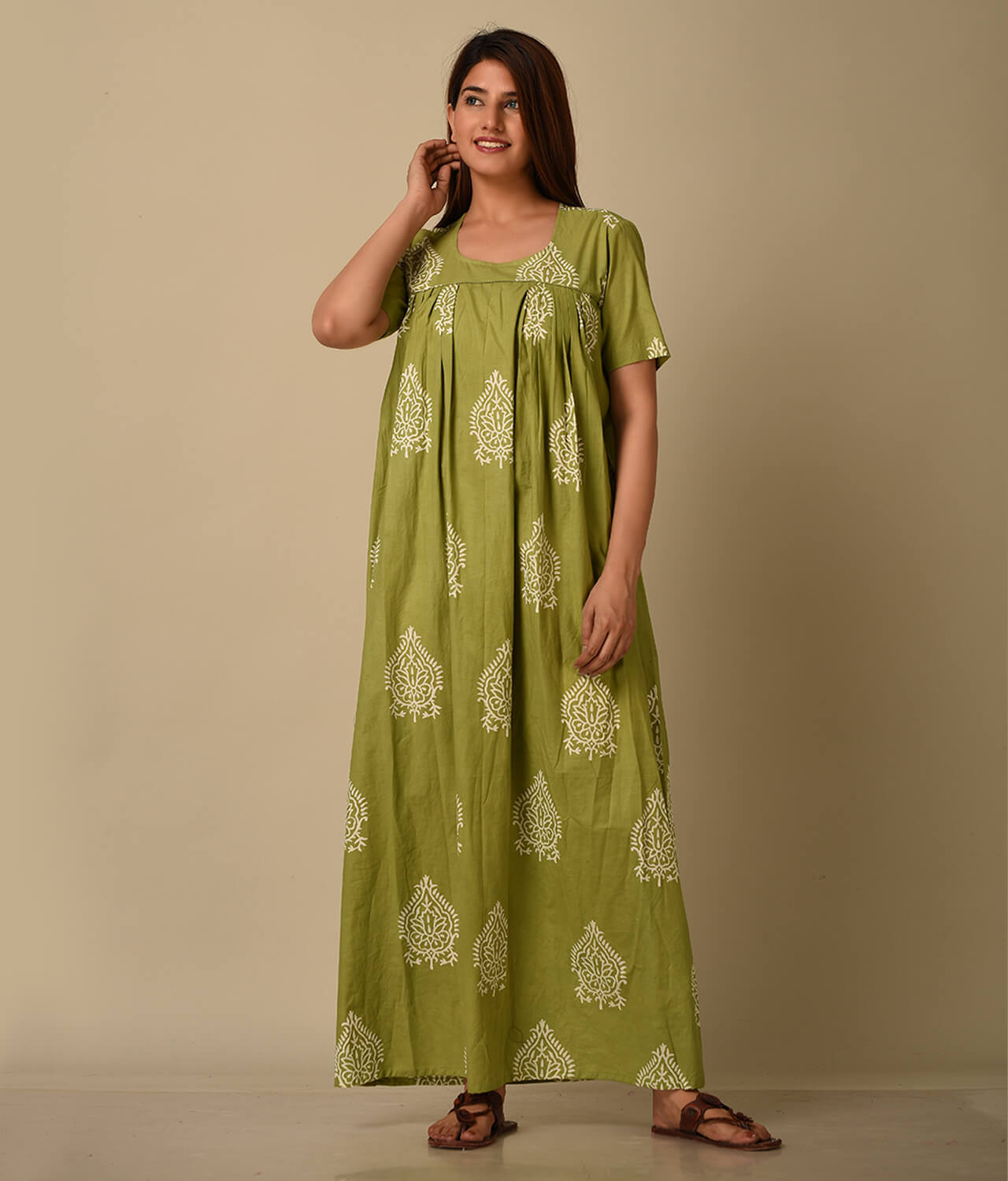 Printed Green Cotton Nighty Dress