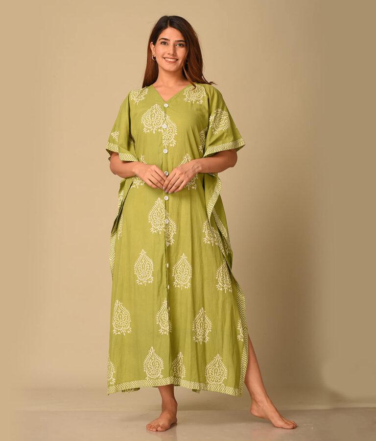 Green Floral Printed Front Button Cotton...