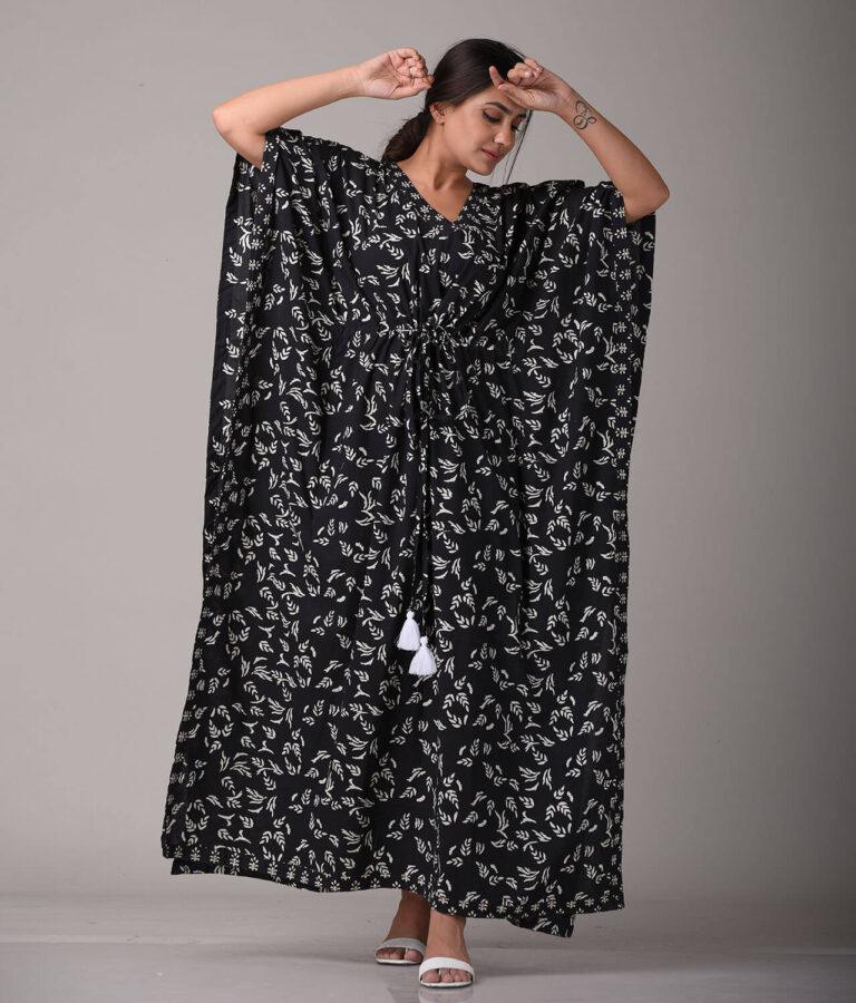 Black Cotton Printed Maternity Kaftan