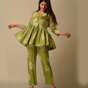Green Floral Printed Cotton Trendy Coord Set