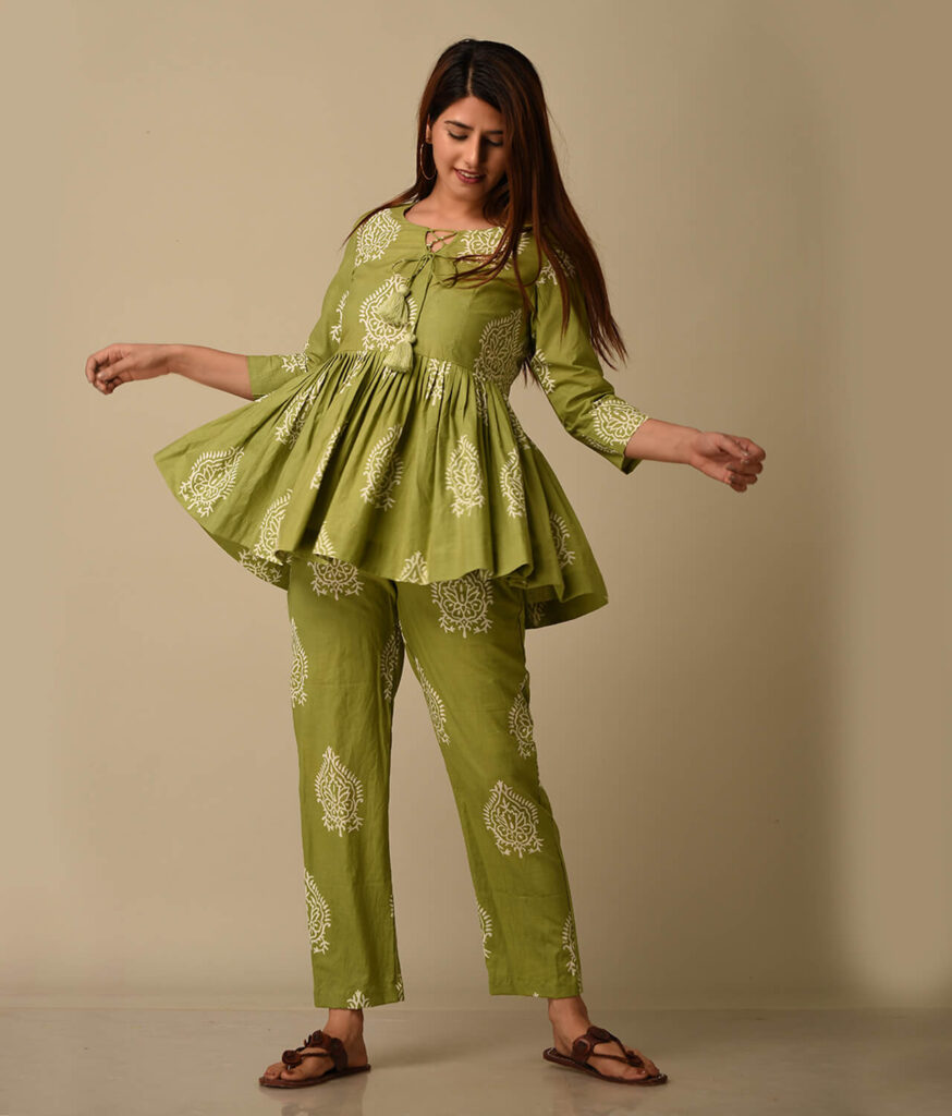 Green Floral Printed Cotton Trendy Coord Set