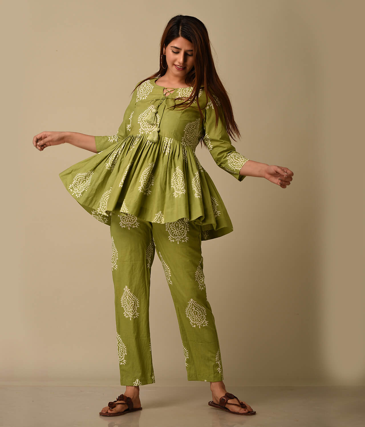 Green Floral Printed Cotton Trendy Coord Set