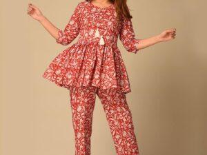 Red Floral Printed Cotton Coord Set