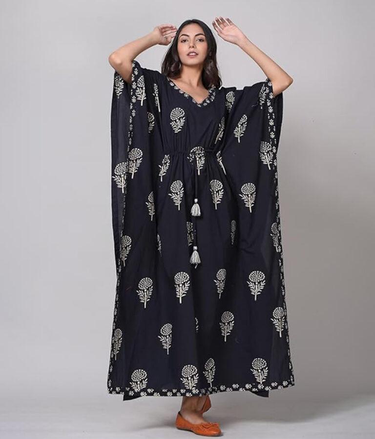 Z Black Hand Printed Cotton Kaftan...